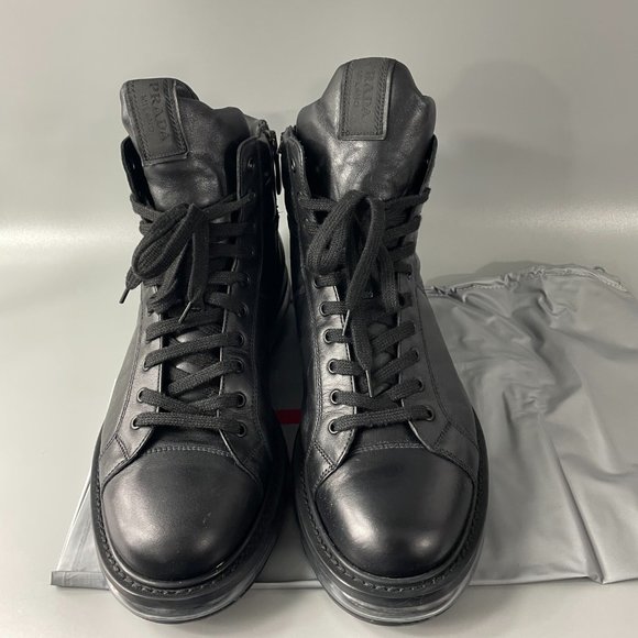 Authentic Prada Black Leather High Top Sneakers, Men's Size 9 (US 10) - Picture 5 of 15